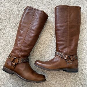 FRYE Phillip Studded Harness Tall Boots Brown Leather 8 B Womens Back Zip